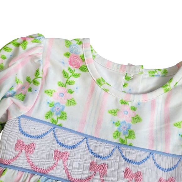 NEW Boutique Bow Print Smocked Long Sleeve Floral Romper Size 12 Months 12M Girl - Picture 7 of 14